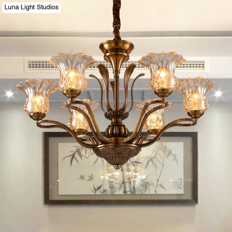 Clear Glass Pendant Chandelier With Branching Design - Rustic Living Room Ceiling Light In Brass