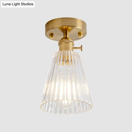 Clear Glass Single Light Gold Semi Flush Industrial Ceiling Lighting - Cone/Cylinder/Bell Corridor