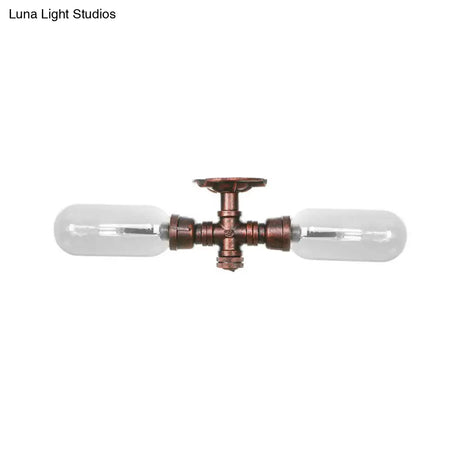 Clear Glass Weathered Copper Ceiling Lighting - Industrial Semi Flush With Pipe Design 2 Lights