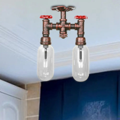 Clear Glass Weathered Copper Ceiling Lighting - Industrial Semi Flush With Pipe Design 2 Lights / A