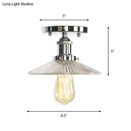 Clear Ribbed Glass Flushmount Farmhouse Bell - Chrome Ceiling Light