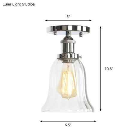 Clear Ribbed Glass Flushmount Farmhouse Bell - Chrome Ceiling Light