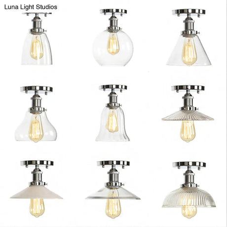 Clear Ribbed Glass Flushmount Farmhouse Bell - Chrome Ceiling Light