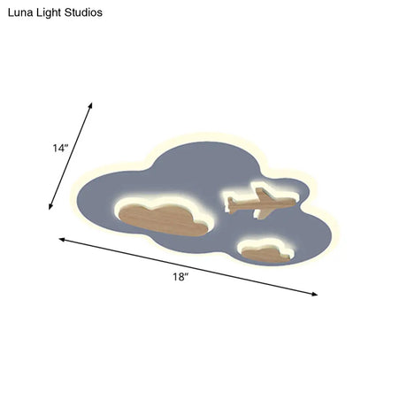 Cloud Flight Ceiling Flush Mount Cartoon Acrylic Blue Wood Led Light Fixture