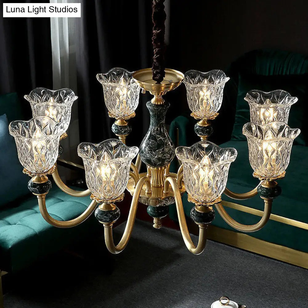 Colonial Brass Chandelier: Clear Glass Flower Up Suspended Lighting Fixture For Living Room