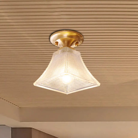 Colonial Brass Clear Ribbed Glass Flush Mount Light - 7.5’/8’ Width Cone/Bell Ceiling Fixture