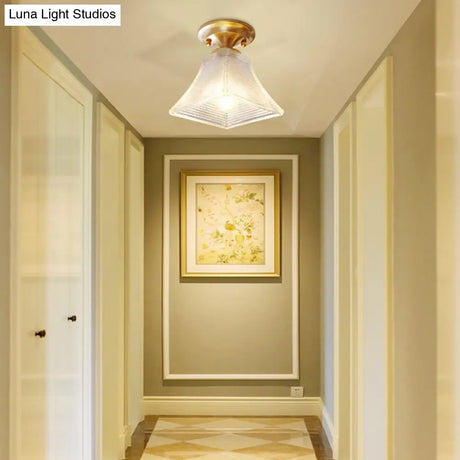 Colonial Brass Clear Ribbed Glass Flush Mount Light - 7.5’/8’ Width Cone/Bell Ceiling Fixture