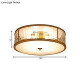 Colonial Brass Drum Ceiling Mount Light Fixture With Frosted Crystal Glass For Bedroom - 3/4/5