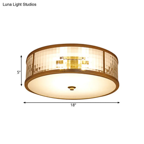 Colonial Brass Drum Ceiling Mount Light Fixture With Frosted Crystal Glass For Bedroom - 3/4/5