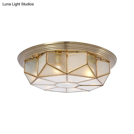 Colonial Brass Flush Mount Lamp With Sandblasted Glass For Living Room - 6 Heads Octagonal Ceiling