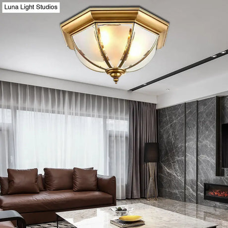 Colonial Brass Flushmount Ceiling Light With Frosted Glass Bowl Shade & 3 Lights
