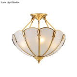 Colonial Brass Satin Opal Glass Semi Flush Mount Lighting For Living Room 3/4 Bulbs Scalloped