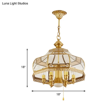 Colonial Clear Glass 7-Head Gold Hanging Chandelier For Curved Dining Room Ceilings