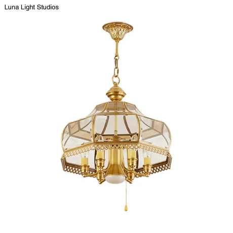 Colonial Clear Glass 7-Head Gold Hanging Chandelier For Curved Dining Room Ceilings
