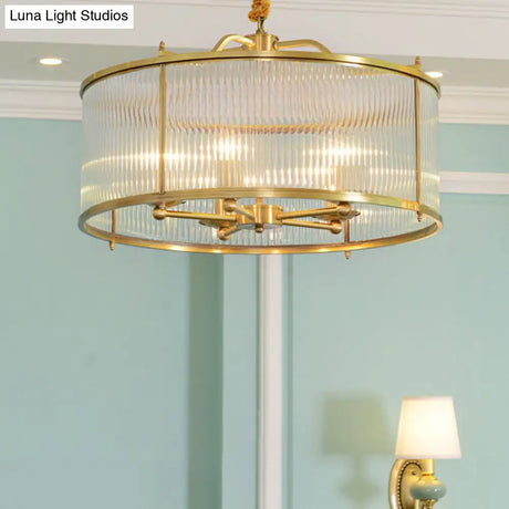 Colonial Drum Ribbed Glass Chandelier - Polished Brass Small/Medium/Large Sizes Multiple Lights