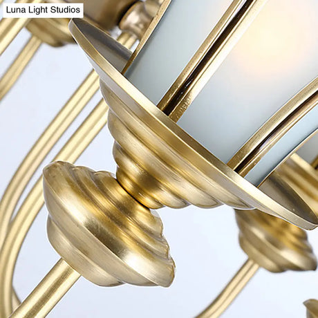 Colonial Flower White Chandelier With Gold Accents & Frosted Glass Pendants - 8-Light Ceiling