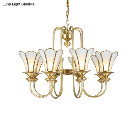 Colonial Flower White Chandelier With Gold Accents & Frosted Glass Pendants - 8-Light Ceiling