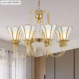 Colonial Flower White Chandelier With Gold Accents & Frosted Glass Pendants - 8-Light Ceiling