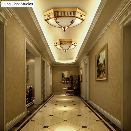 Colonial Frosted Glass Ceiling Lamp With Gold Finish - 2 Bulbs Hallway Flush Mount Light
