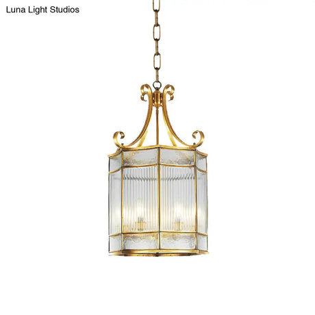 Colonial Gold Clear Prismatic Glass Chandelier - 22/23 H Cylinder Pendant Lamp 4 Bulbs Ideal For