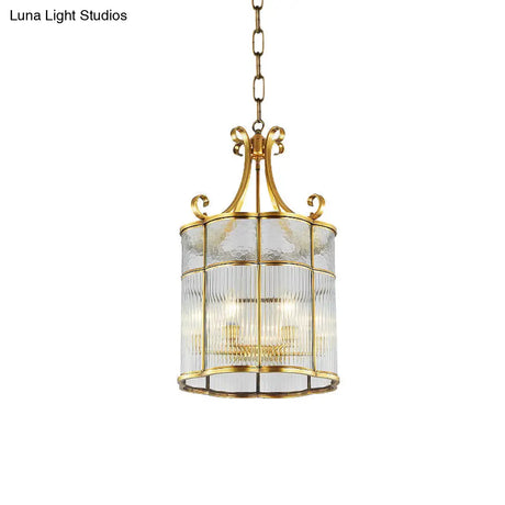 Colonial Gold Clear Prismatic Glass Chandelier - 22/23 H Cylinder Pendant Lamp 4 Bulbs Ideal For