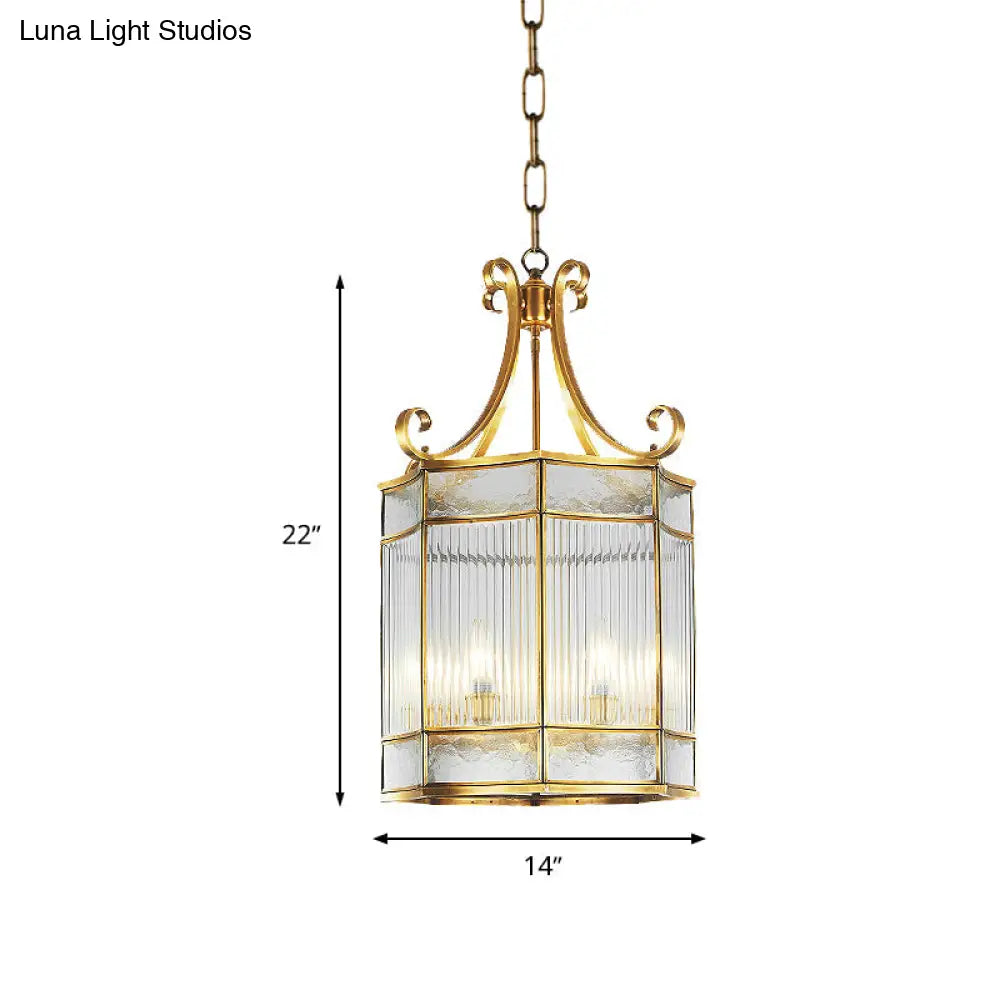 Colonial Gold Clear Prismatic Glass Chandelier - 22/23 H Cylinder Pendant Lamp 4 Bulbs Ideal For