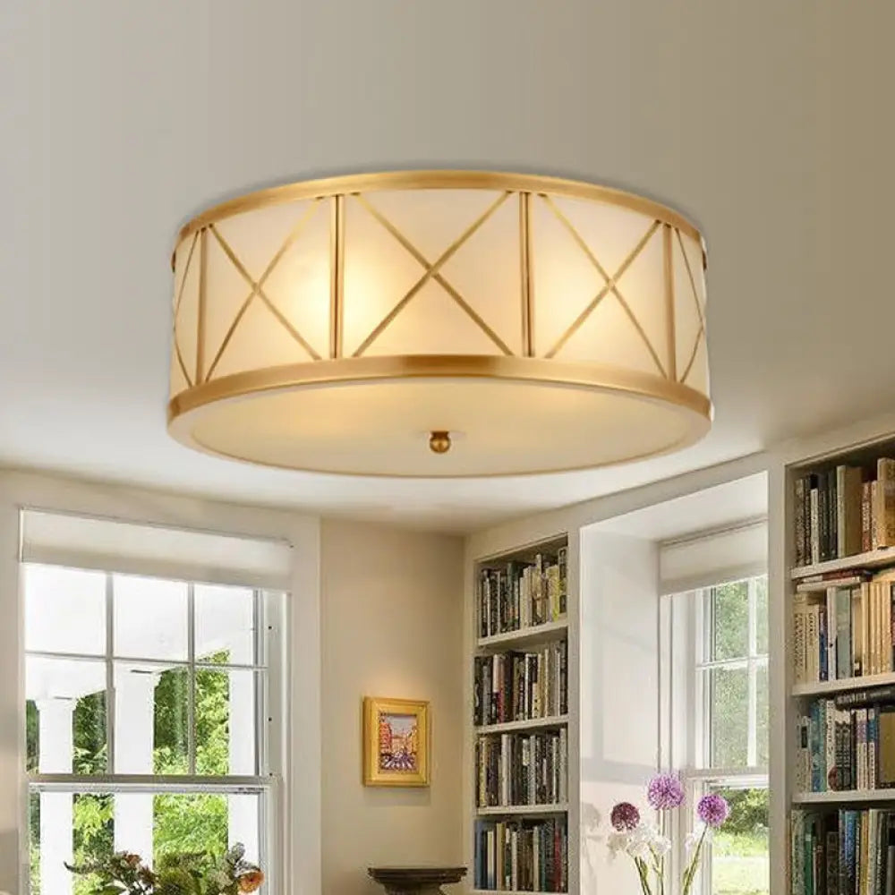 Colonial Gold Glass Ceiling Lamp With Trellis Cage - Bedroom Flush Light 4 /