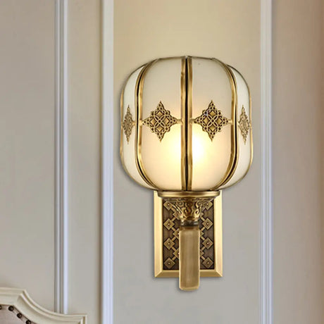 Colonial Gold Lantern Wall Sconce Light With Frosted Glass - Single Bulb Bedroom Lamp / C