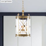 Colonial-Inspired Triple Head Clear Glass Chandelier In Gold - Cylindrical Pendant Lighting Fixture