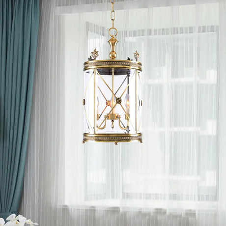 Colonial-Inspired Triple Head Clear Glass Chandelier In Gold - Cylindrical Pendant Lighting Fixture
