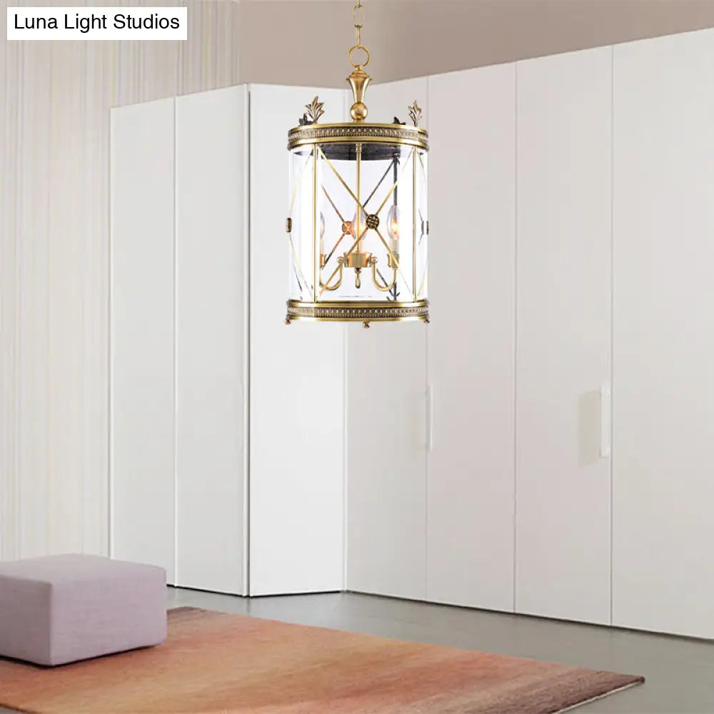 Colonial-Inspired Triple Head Clear Glass Chandelier In Gold - Cylindrical Pendant Lighting Fixture
