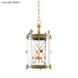 Colonial-Inspired Triple Head Clear Glass Chandelier In Gold - Cylindrical Pendant Lighting Fixture