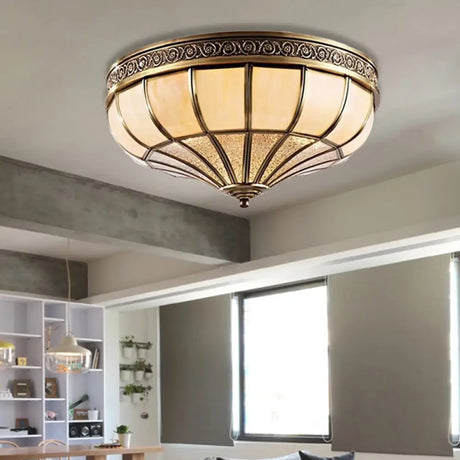 Colonial Opaque Glass Dome Bedroom Flush Mount Lamp Brass Ceiling Light Fixture - 3/4 Bulbs