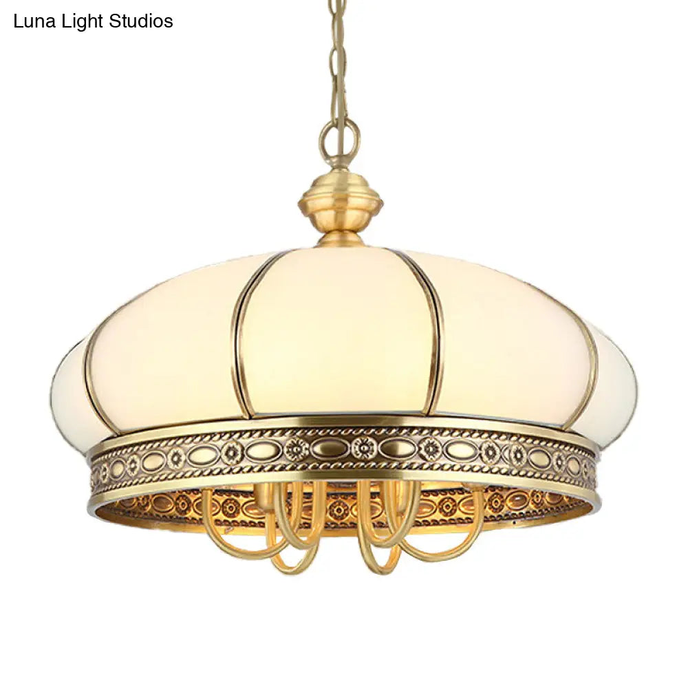 Colonial Oval Hanging Pendant Chandelier With 6 Frosted White Glass Shades In Gold