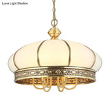 Colonial Oval Hanging Pendant Chandelier With 6 Frosted White Glass Shades In Gold