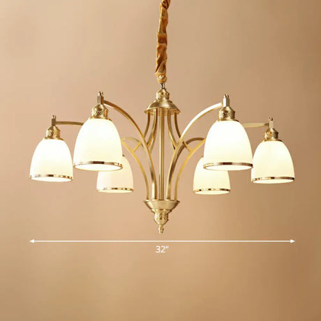 Colonial Style Brass Bell Chandelier Lamp With Cream Glass - Living Room Hanging Light Kit 6 /