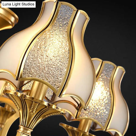 Colonial Style Gold Chandelier With Opal-White Glass Shades - 5/6 Heads