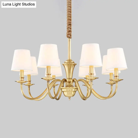 Colonial Style Hanging Chandelier - Gold 6/8-Light Fabric Conical Suspension Pendant