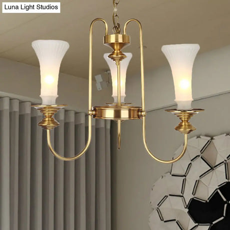 Colonial White Glass Floral Chandelier Light With Gold Accent - 3/6/8 Head Living Room Hanging Lamp