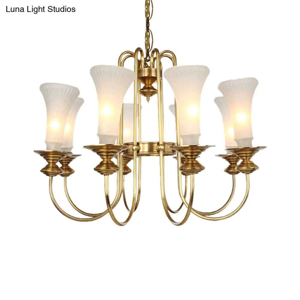 Colonial White Glass Floral Chandelier Light With Gold Accent - 3/6/8 Head Living Room Hanging Lamp