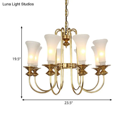 Colonial White Glass Floral Chandelier Light With Gold Accent - 3/6/8 Head Living Room Hanging Lamp