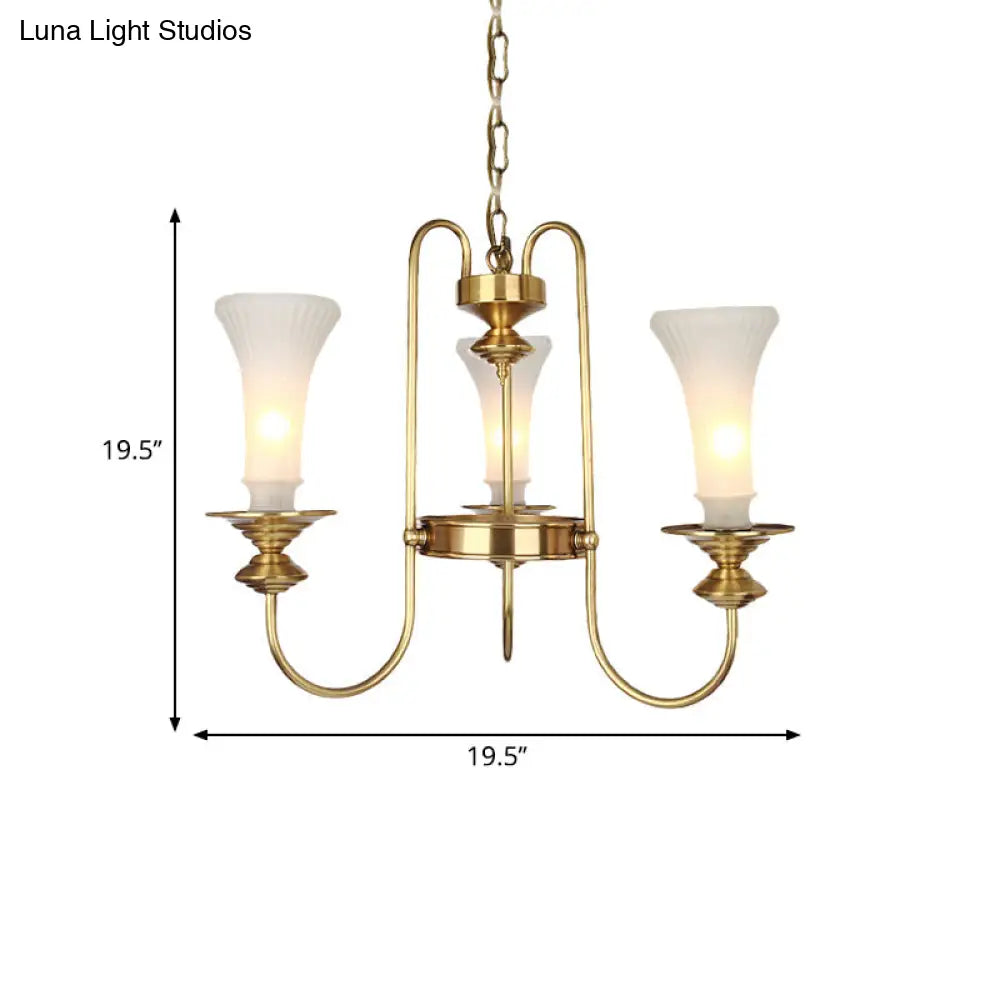 Colonial White Glass Floral Chandelier Light With Gold Accent - 3/6/8 Head Living Room Hanging Lamp