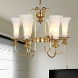 Colonial White Glass Floral Chandelier Light With Gold Accent - 3/6/8 Head Living Room Hanging Lamp