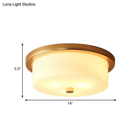 Colonial White Handblown Glass Drum Flush Mount Light With 3 Bulbs