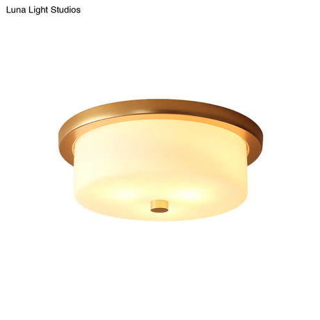 Colonial White Handblown Glass Drum Flush Mount Light With 3 Bulbs