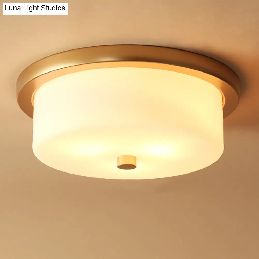 Colonial White Handblown Glass Drum Flush Mount Light With 3 Bulbs