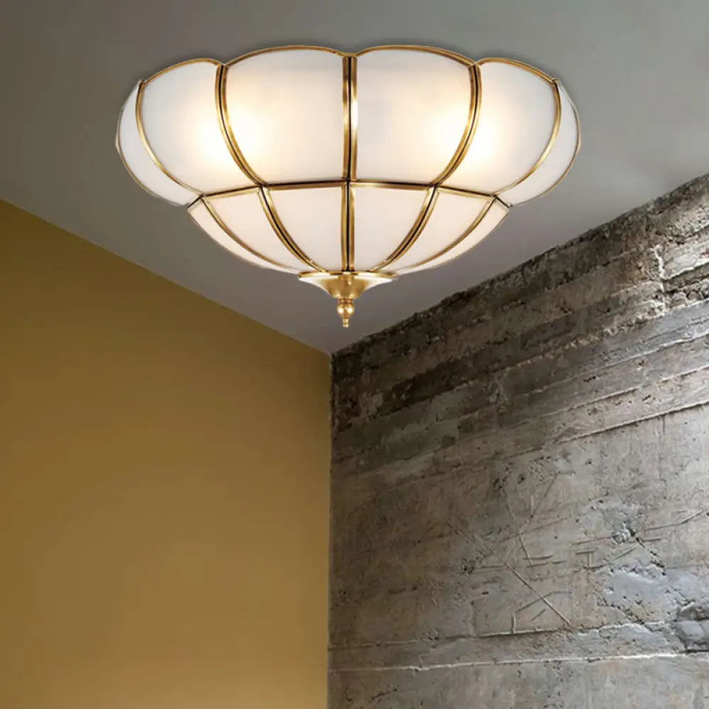 Colonialism Scallop Ceiling Light - 11’/18’ W 3 Bulbs Satin Opal Glass Brass Finish / 18’