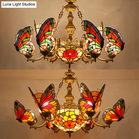 Colorful Glass Butterfly Chandelier With Red Flower/Rose Dome Shade For Staircase