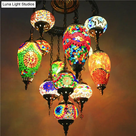 Colorful Glass Chandelier Lamp With Bronze Finish - 12 Head Ceiling Light Fixture For Restaurants