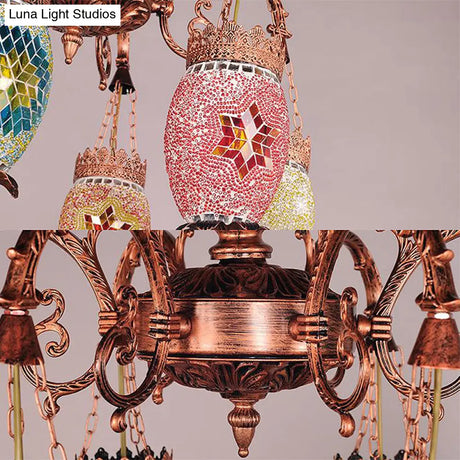 Colorful Glass Vintage Droplet Chandelier With 6 Heads Copper Suspension Light For Restaurants
